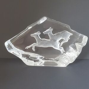 Vintage Signed Mats Jonasson Two Deer Running Full Lead Crystal Sculpture Sweden